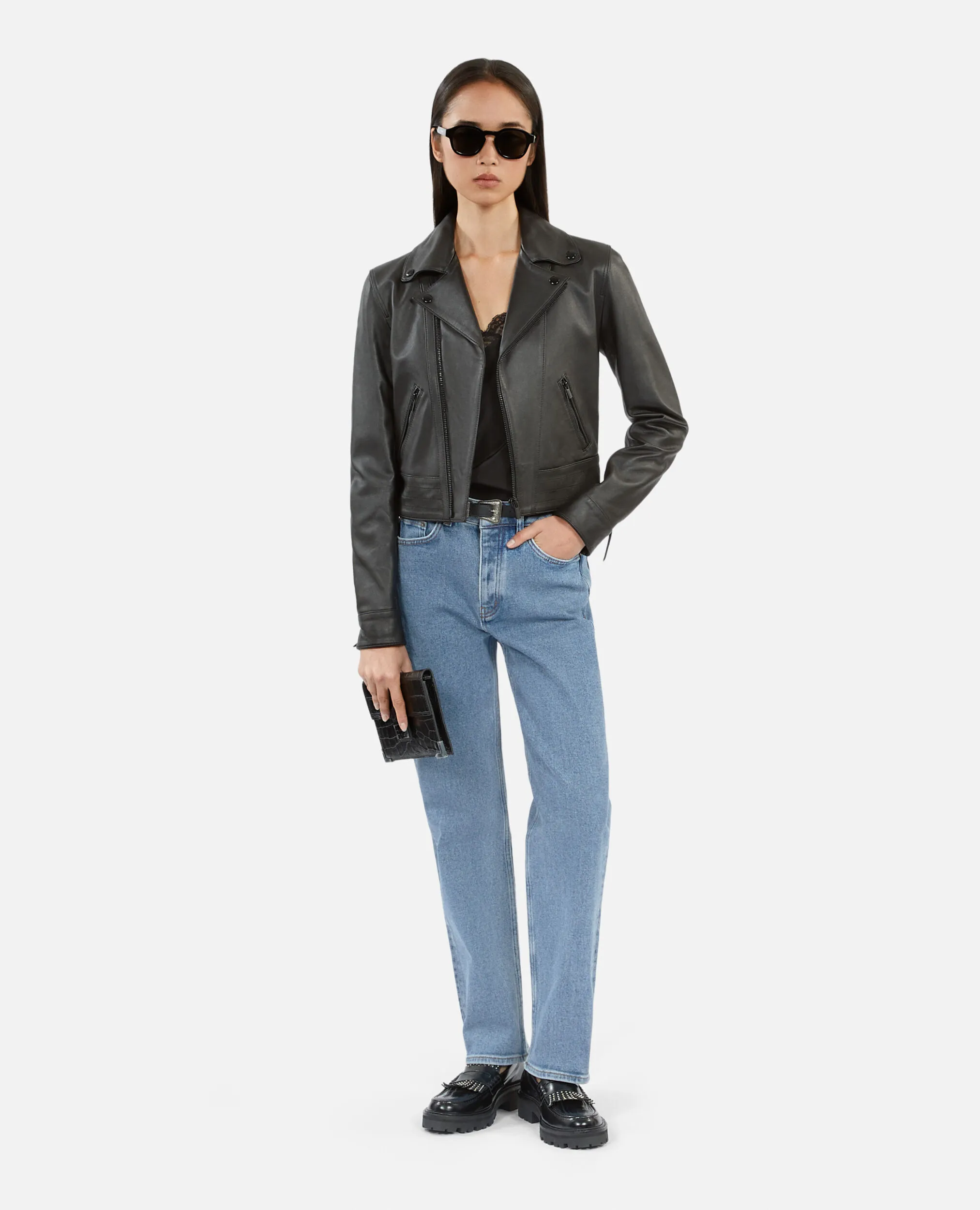 Blouson à studs en cuir noir