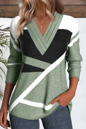 T-shirt à manches longues en imprimé géométrique patchwork vert sauge Umbrelia